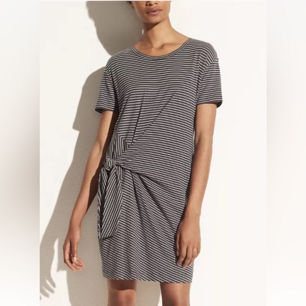 Vince Classic Stripe Side Tie Waist Dress Size Large Black White